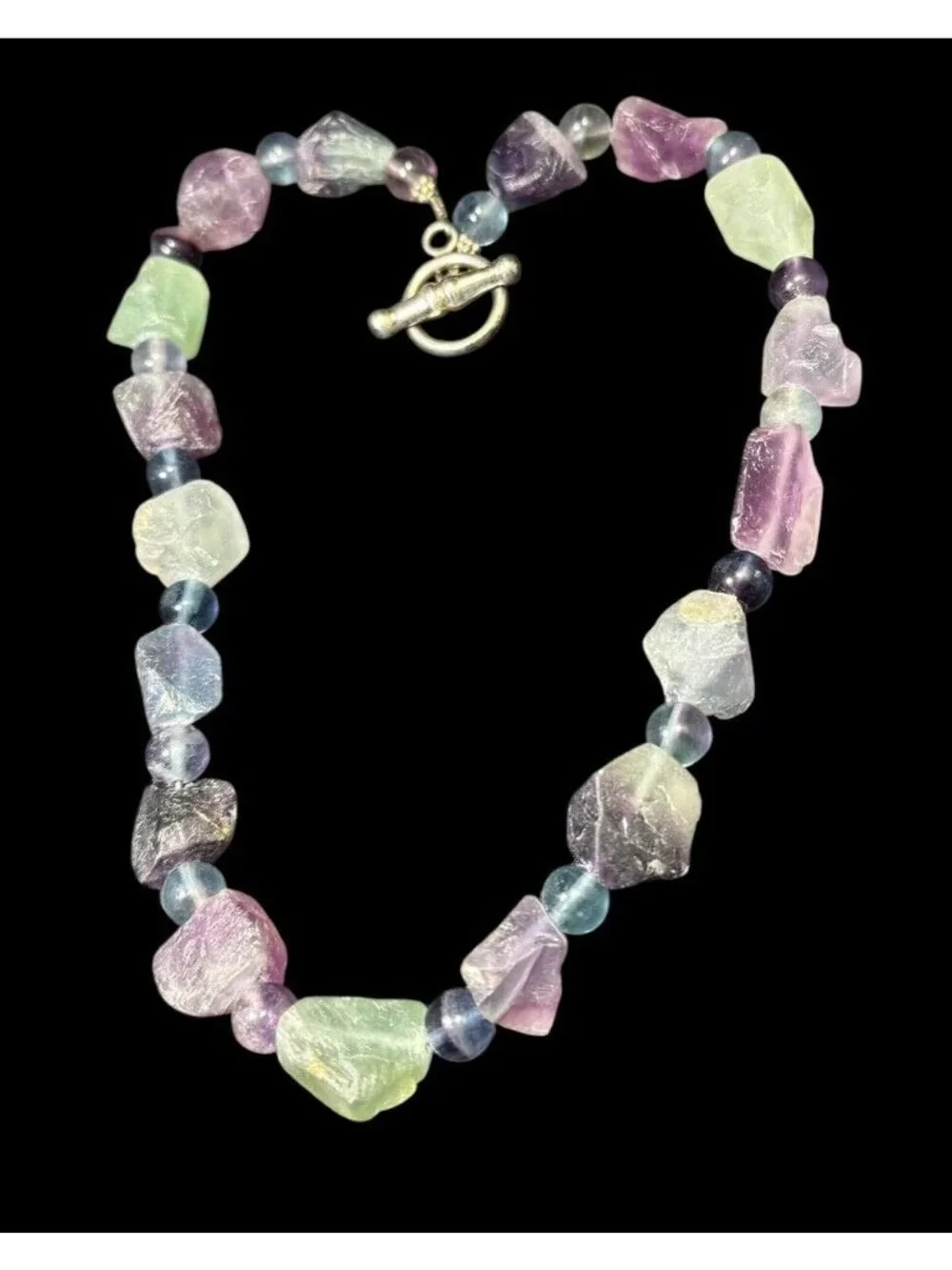 Vintage Sterling Silver Raw Fluorite Necklace Crystal Beaded Toggle 17”